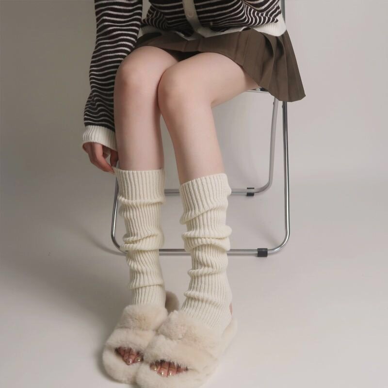 New Japanese Lolita Y2k Solid Color Leg Warmers Women Hollowed Out Foot Heel Warm Knitted Knee High Socks Legging Gaiters Cover