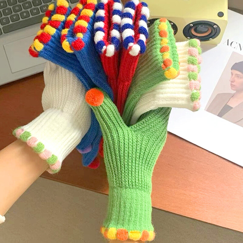1 Pair Knitted Wool Touch Screen Five-finger Gloves Colorful Plush Ball Winter Thickened Warm Windproof Female Fashion Cute