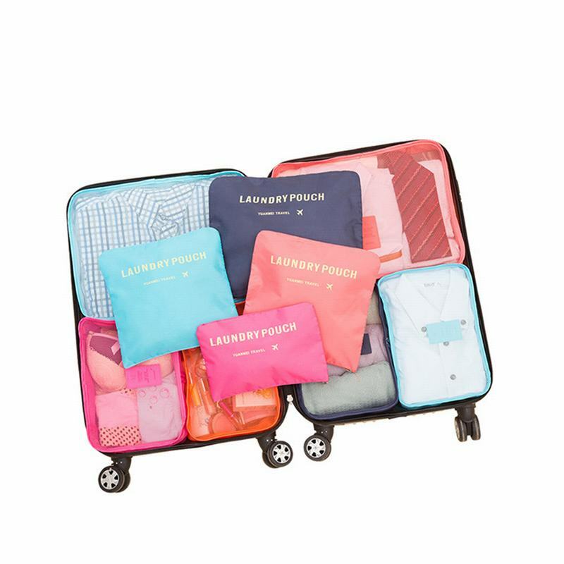 Tas penyimpanan baju bagasi, koper kapasitas besar tahan air dengan ritsleting 6 buah/set merah muda/biru/abu-abu