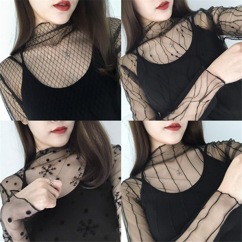 Spring Summer Women Mesh Top Long Sleeve See Through Lace T-shirts Sexy Transparent Fishnet Tops Clubwear Tee Shirts