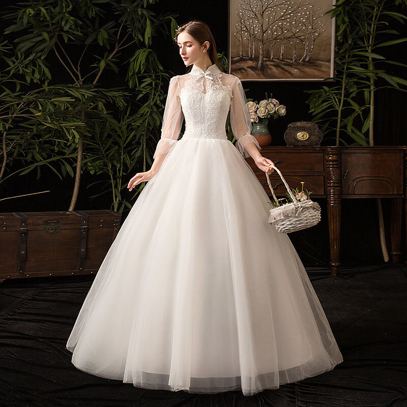 GIYSILE Wedding Dresses Large Size Evening Dress Korean Style Quarter Sleeved Flared Sleeve Temperament Main Wedding White Dress