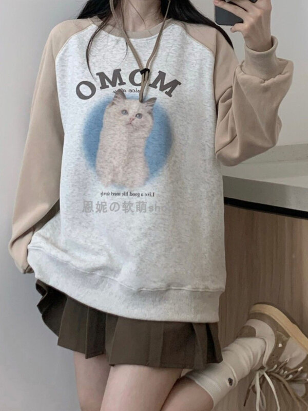 Deeptown kaus gambar kucing Kawaii wanita, atasan kerah bulat lengan panjang kasual kartun hoodie ukuran besar Vintage Harajuku wanita