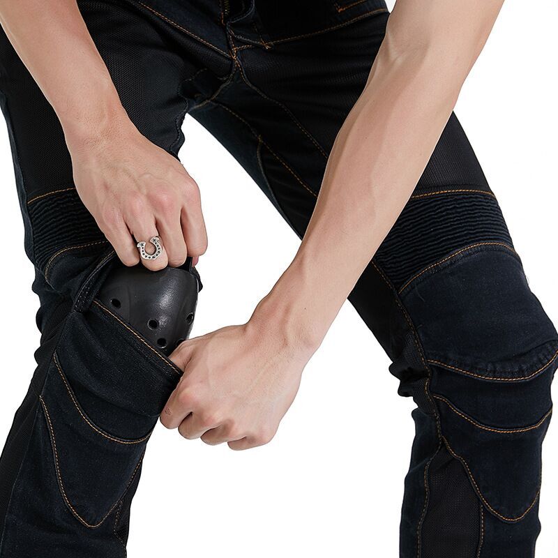 Calças de motocicleta bordadas para homens, jeans com cinto, equipamento protetor, teste de carteira de motorista, motocross