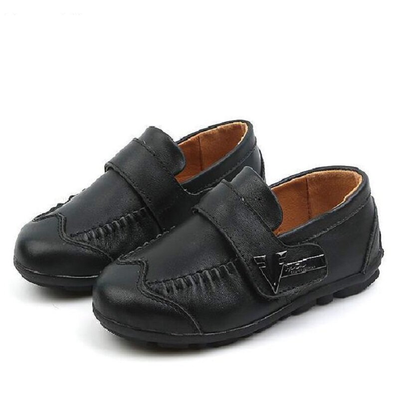 Sapatos de couro genuíno para crianças, loafers pretos para meninos e crianças, calçados de ervilhas, estilo escolar, mocassim de borracha