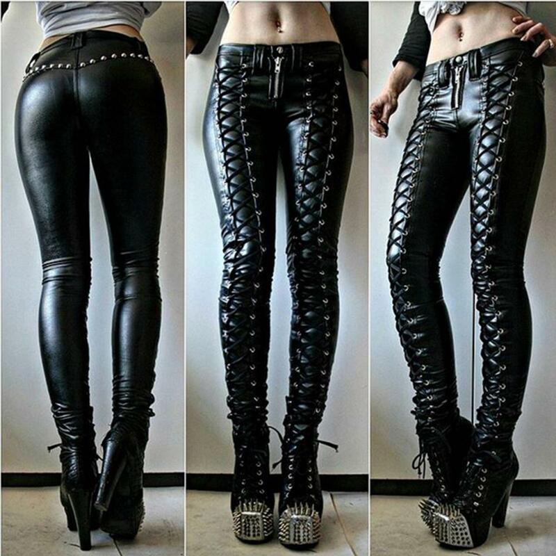Sexy Pant Steampunk Women Faux Leather Cosplay Pants Carnival Party Skinny Button Leggings Trousers Female Clothing