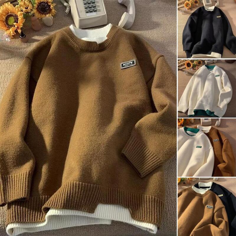 남성용 라운드 넥 스웨터, 루즈핏 스웨터, O-넥 긴팔 니트 탑, 두꺼운 따뜻한 풀오버, 컬러 매칭, 가을, 겨울