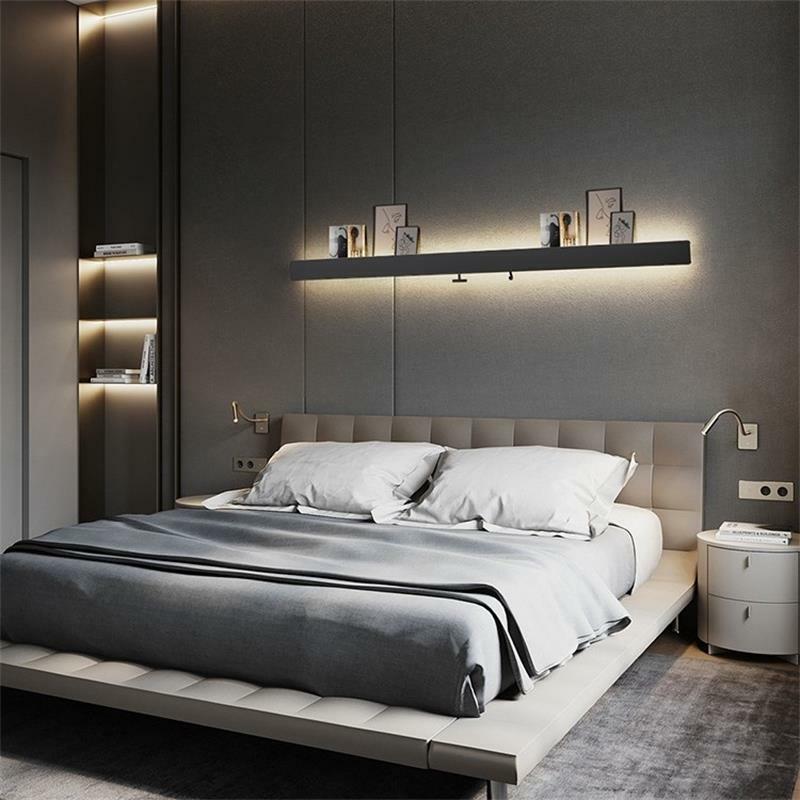 미니멀리스트 롱 스트립 LED 벽 램프, 고급 침실 소파, 가정용 스토리지 옆 통로 배경, 가정용 분위기 광택