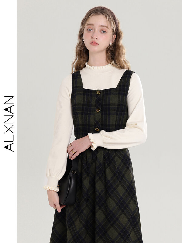 ALXNAN-Pulôver xadrez casual feminino, camisa de manga comprida, colete de peito único, saia xadrez de cinto, terno de 3 peças, vendido separado, T00918