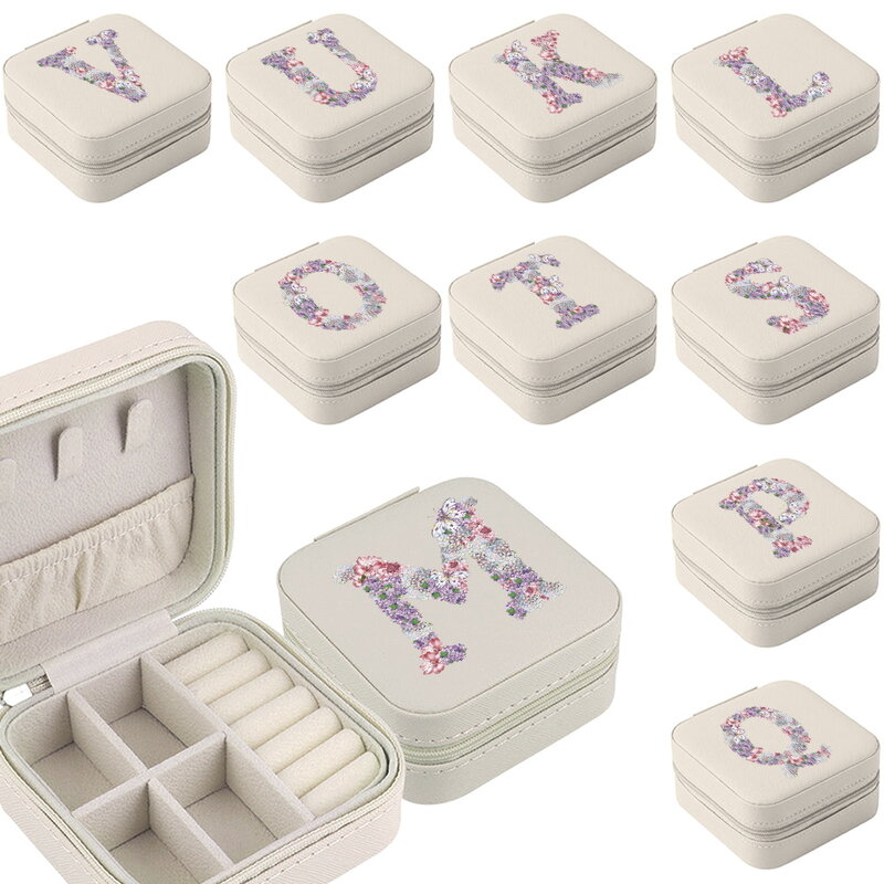 Caja de almacenamiento para joyería, Mini organizador de joyas, colgante, estuche de lavado, patrón de letra de flor rosa, collar y pendientes
