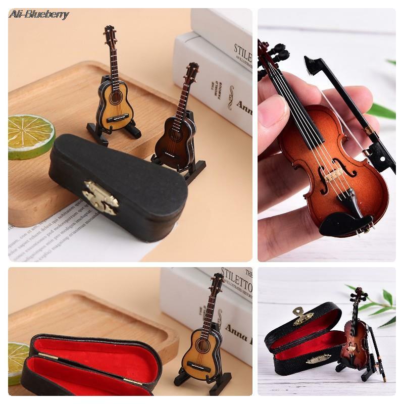 Mini Dollhouse Miniature Music Instrument Plastic Wooden Mini Violin Ornament Plastic Crafts DIY Home Decoration With Support