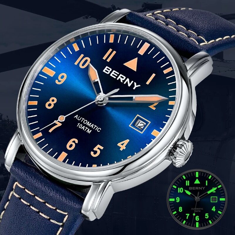 BERNY-Reloj de pulsera automático para hombre, accesorio masculino de pulsera resistente al agua con diseño de piloto, mecánico, luminoso, militar, Estilo Vintage, 100m