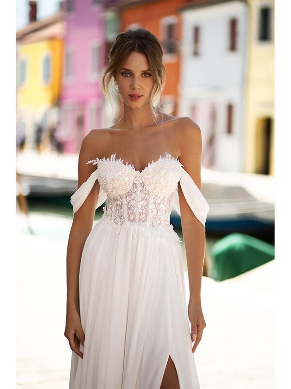 Beach Off Shoulder Wedding Dresses Sweetheart Appliques High Side Split A-line Chiffion Bridal Gown Vestido De Novia