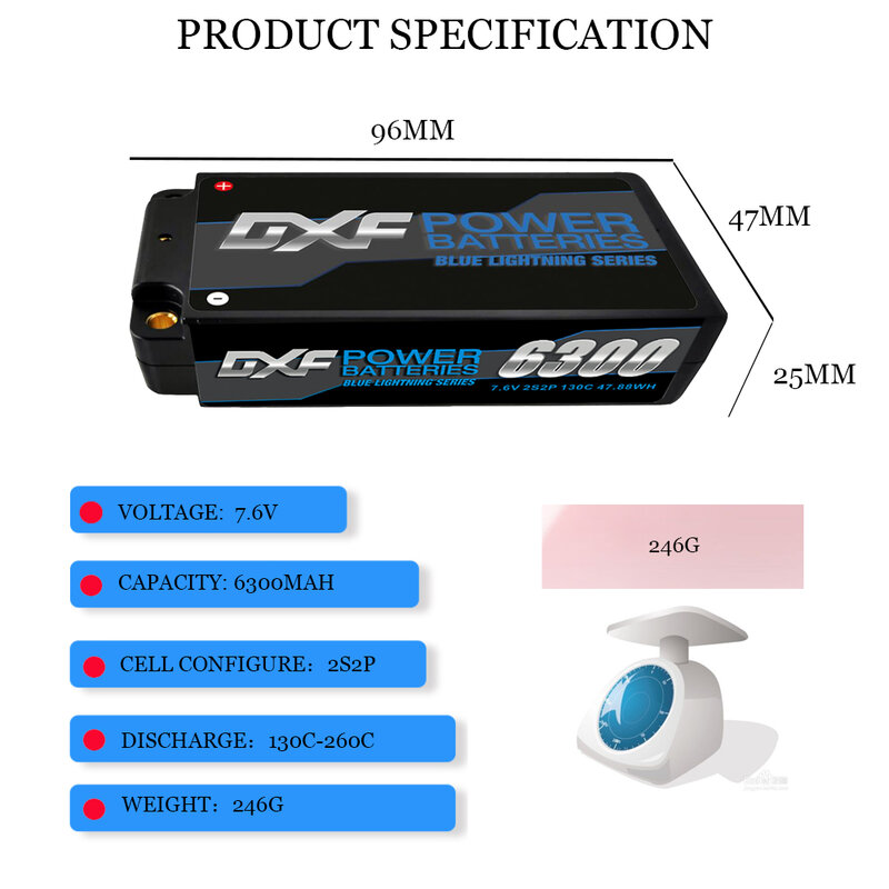 DXF-batería Lipo 2S Shorty de 6300mAh, 7,6 V, 7000mAh, 4400mAh, 10000mAh, 9200mAh, 8400mAh, 5mm, Bullet Racing Series, carcasa rígida para coche teledirigido