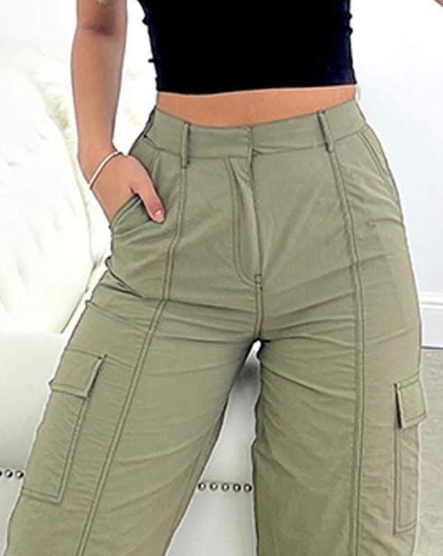 Pantalones Cargo largos con puños para mujer, pantalón informal de cintura alta, liso, con diseño de bolsillo, ropa de calle Y2K, Primavera, 2024