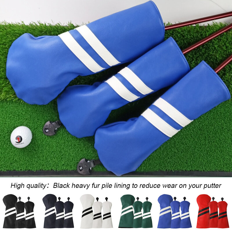 3Pcs Set PU Double Stripe Golf Club Head Cover Interchangeable Protective Sheath Rotating Number Plate  Wood Protector  Green