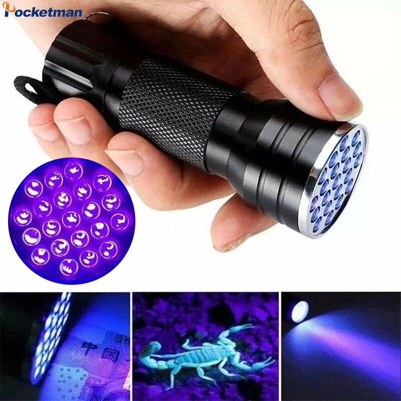 Senter UV 395nm portabel Mini, cahaya hitam 21LED senter Ultraviolet lampu medis noda urin hewan peliharaan lampu Uv untuk cat kuku serangga