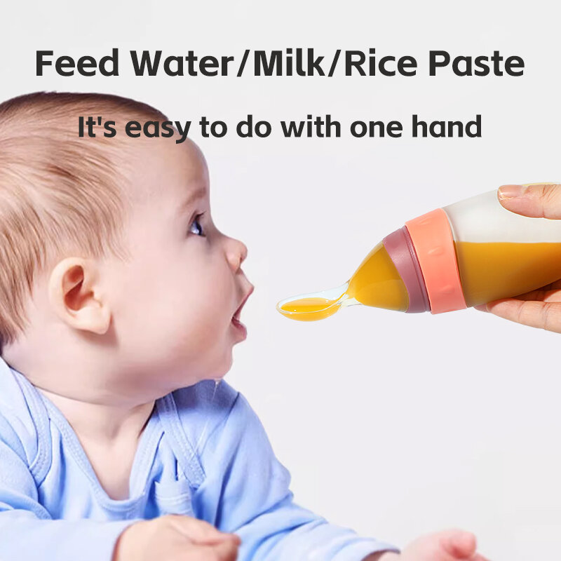 100ml/3oz Liquid Silicone Baby Feeder Rice Paste Toddler Squeeze Feeding Bottle with Dispensing Spoon