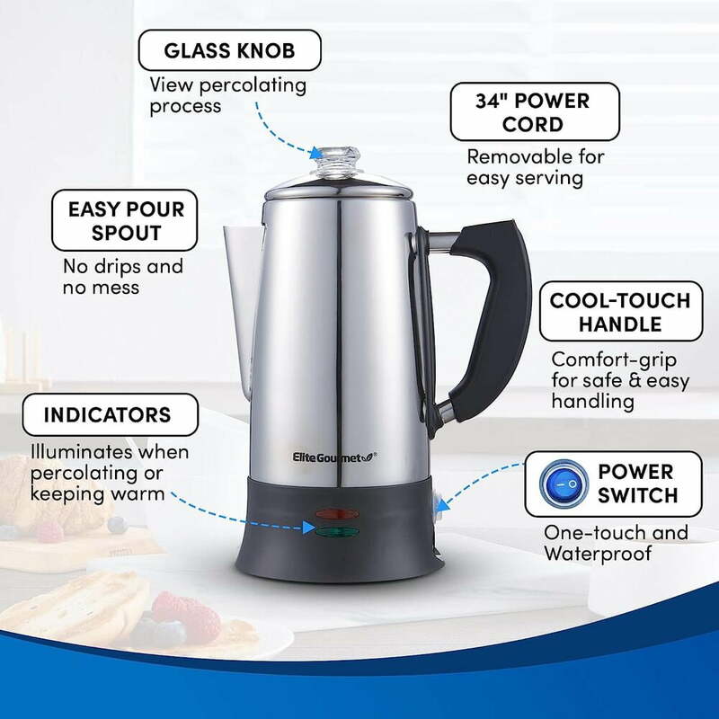 12-Cup Elcteric Coffee Percolator Clear Brew Progress Knob Cool-Touch Handle Cord-less Serve.USA.NEW