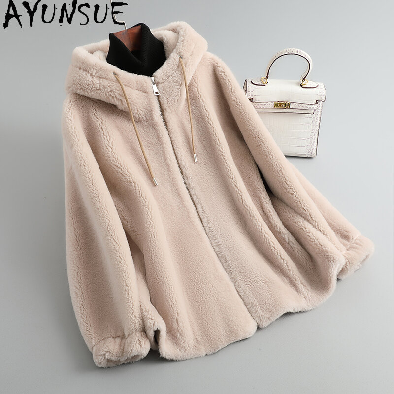 AYUNSUE mantel wol berbutiran 100% untuk wanita, jaket cukur domba bertudung musim gugur musim dingin 2023, pakaian luar longgar