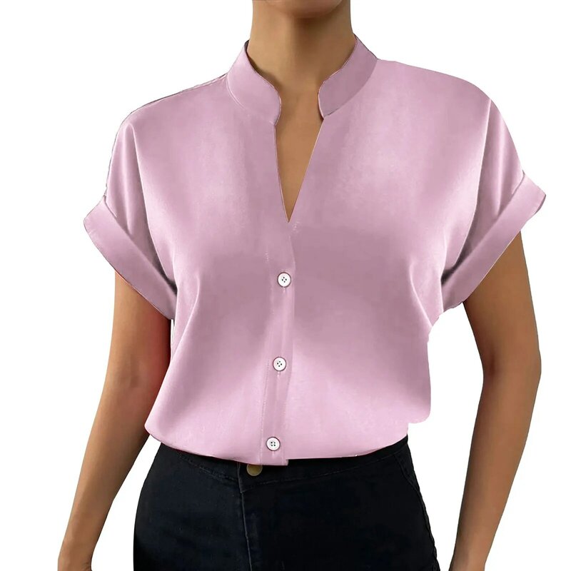 قميص نسائي بسيط من الساتان بأكمام قصيرة ، قميص أنيق برقبة على شكل حرف V ، بصف واحد ، مناسب غير رسمي ، مكتب ، صيف ، أو
