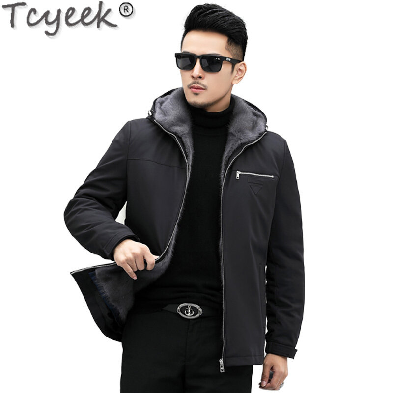 Tcyeek-casaco natural de pele de vison para homens, parka com capuz fino, jaquetas de pele real, forro destacável, moda, inverno