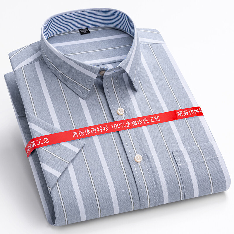 S-7XL Summer 100% Cotton Oxford Men's Shirts Short Sleeve Plaid Soft Regular Fit Formal Dress Shirt Social Blouse Male Clothes