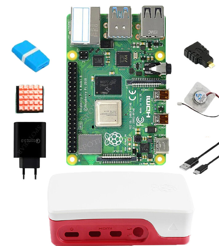 Raspberry Pi 4 Modelo B com Kit Branco-Vermelho, 1GB, 2GB, 4GB, 8GB de RAM