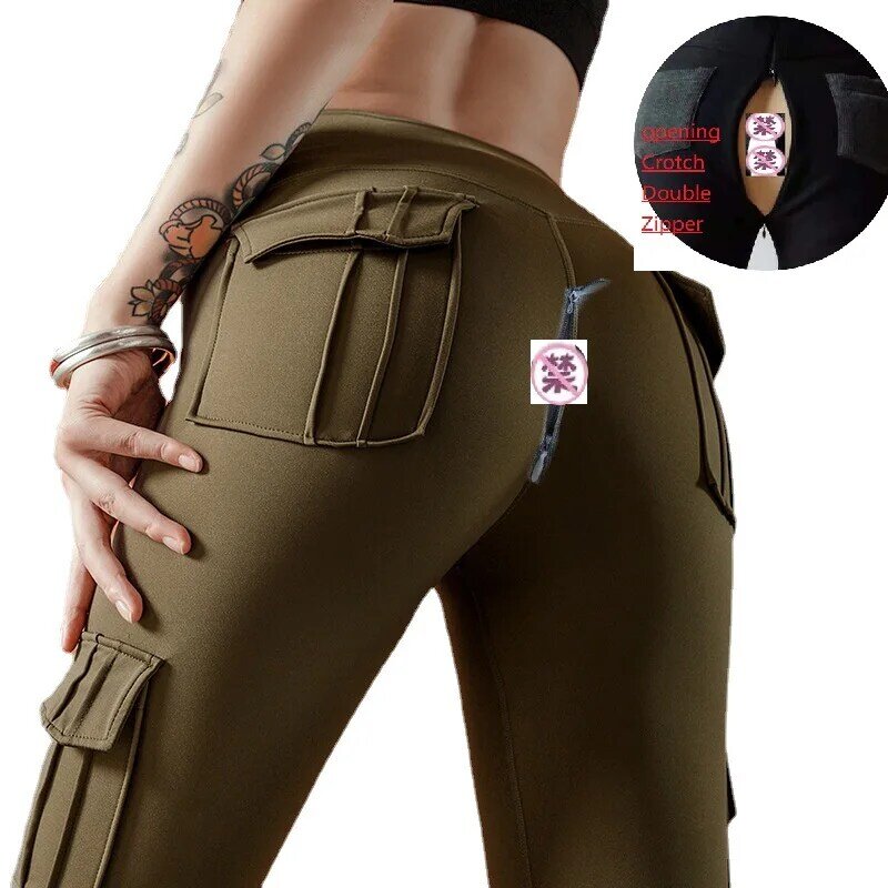 Zipper Opening Is Convenient without Taking off Pants Pocket Fitness Pants Women's Stretch Tight Sexy Sports Zipper Fly