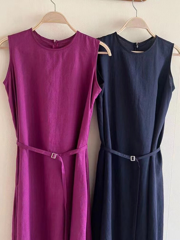 QoerliN Korean 2023 Summer New Loose and Comfortable Rendered Dress Women's Thin Sleeveless Lace up Long Cotton Hemp Long Dress