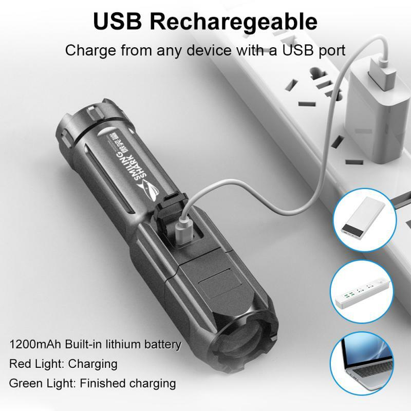 강력한 LED 손전등 충전식 USB 18650 방수 줌 낚시 사냥 100000 루멘 전술 손전등