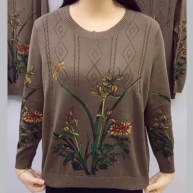 5XL Vintage O-Neck Knitted Printed Embroidery Sweaters Women's Clothing 2024 Spring Autumn Loose Korean Pullovers All-match Tops