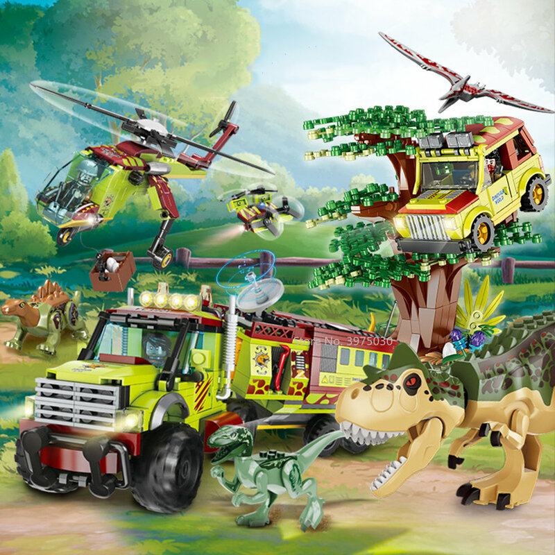 Blocs de construction Jurassic Dino World, véhicules tout-terrain, tyrannosaure, Triceratops, camion de Transport, figurines de dinosaures, briques, jouets à monter soi-même