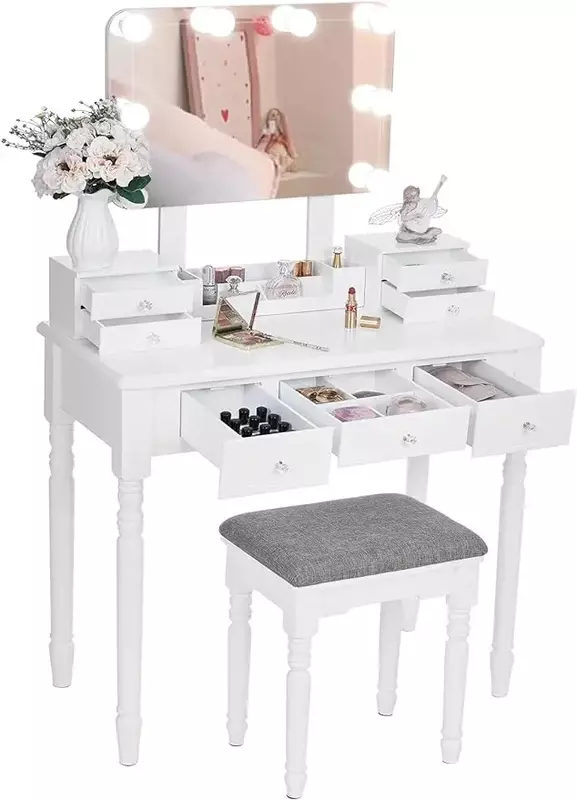 Makeup Vanity Desk Vanity Set with Lighted Mirror Makeup Vanity Desk Table Set Large 8 LED Bulbs and 3 Colors Lighting