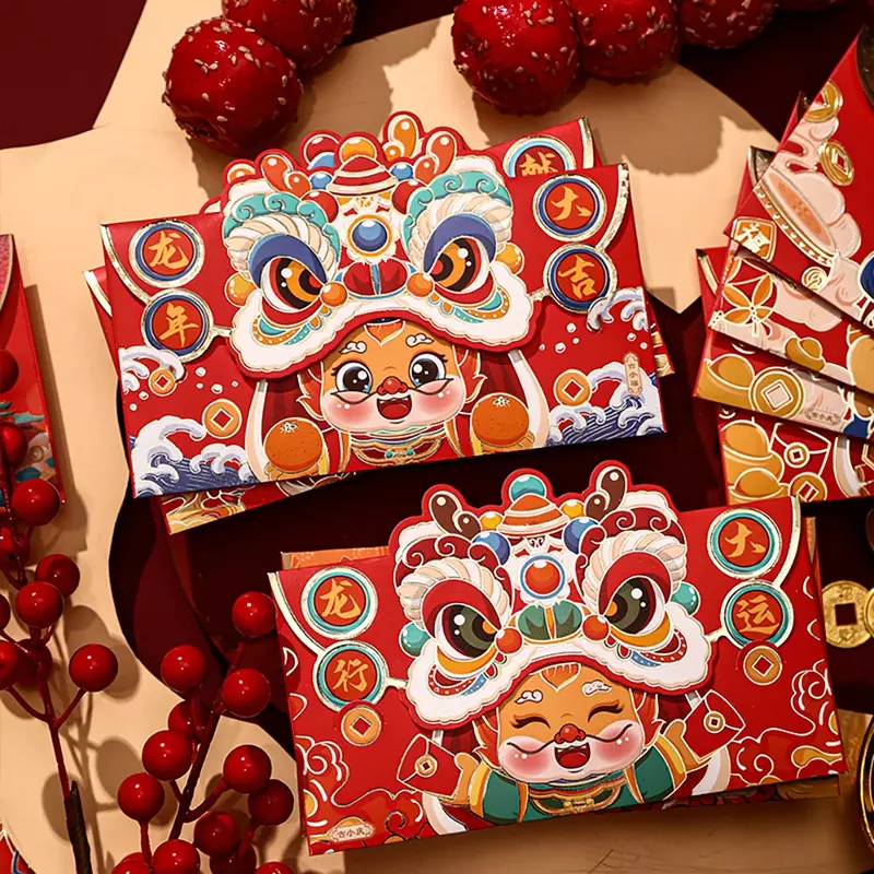 Ano novo chinês vermelho Envelopes do dragão lunar, festa do festival da primavera, desenhos animados, 4 pcs