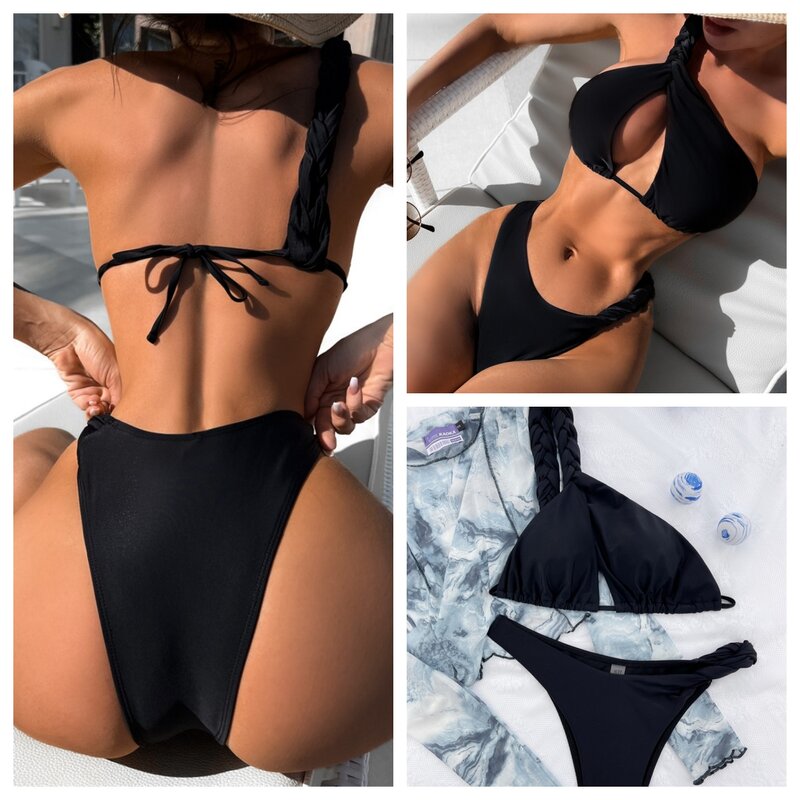 Wowen-traje de baño de dos piezas para mujer, bañador Sexy con correa trenzada para el hombro, color negro para playa