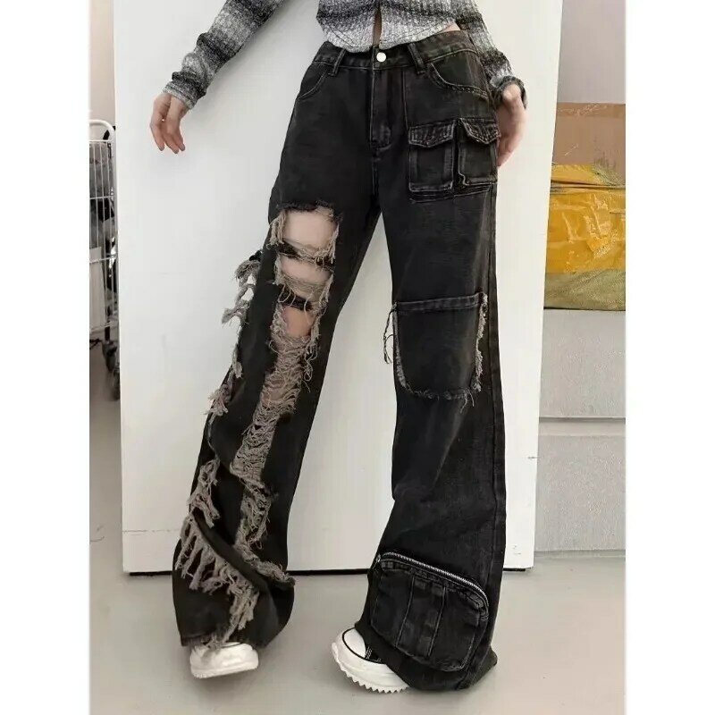 Deeptown-Vintage feminino rasgado calças pretas de carga, grunge baggy, calças de perna larga, streetwear extragrande, moda estilo coreano, Y2k