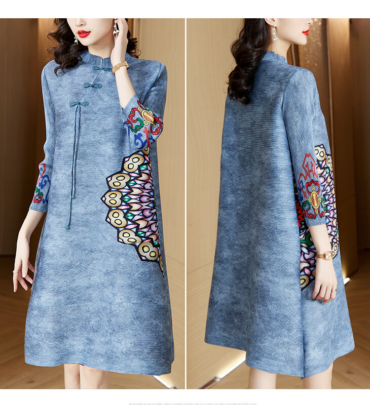 2023 Autumn/Winter New Sanzhai Pleated Vintage Print Dress Silk Elastic Loose Large O-Neck Qipao Skirt Slim Knee Length Gown