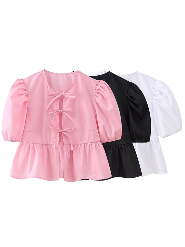 Willshela-camisa corta con cordones para mujer, Blusa de manga corta abombada con cuello redondo, color liso, Estilo Vintage
