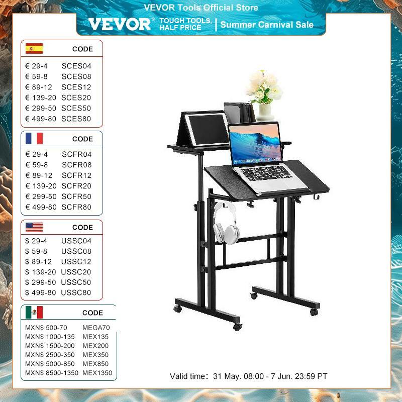 VEVOR 26.4"-44.9" Gas-Spring Height Adjustable Sit-Stand Desk with 360° Swivel Wheels Home Office Rolling Laptop Table Tiltable