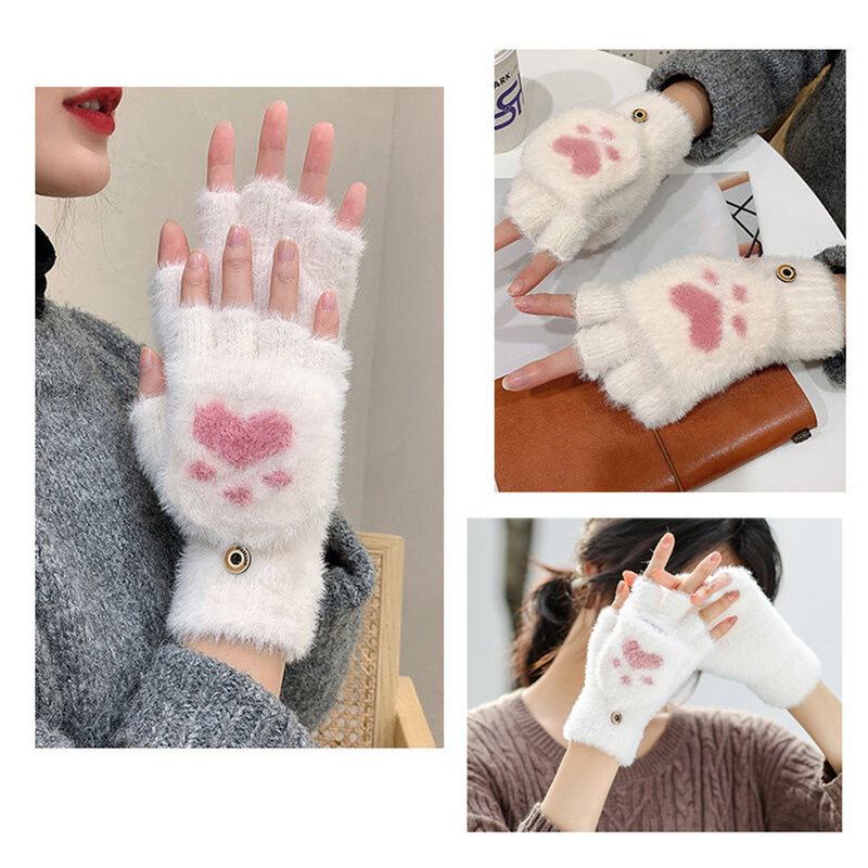 1 Pairs Winter Fingerless Gloves Warm Convertible Mittens Flap Cover Cat Paw Gloves for Women Cold Weather Cosplay
