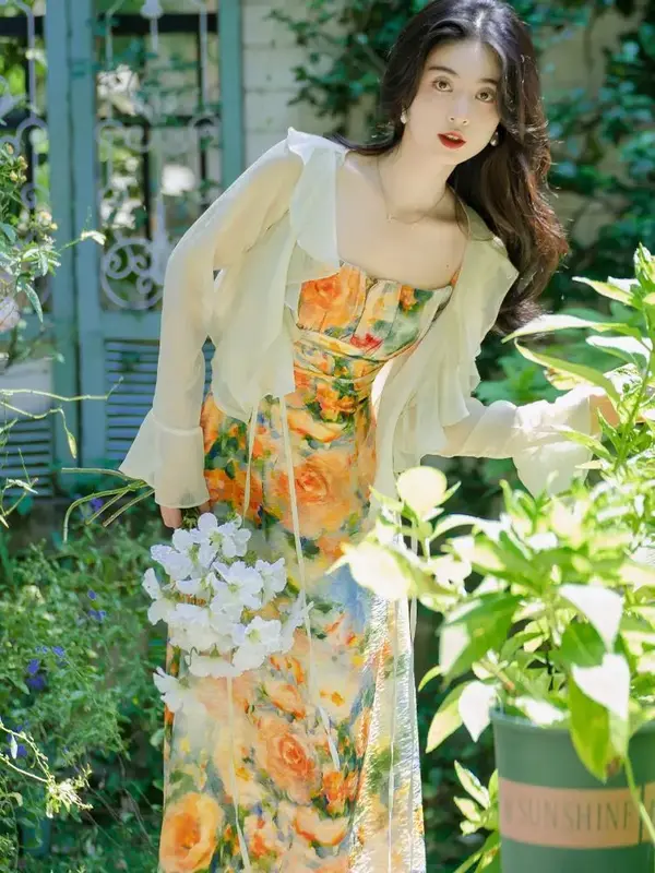 Conjunto de duas peças com design floral para mulheres, protetor solar, casaco de lã, pintura a óleo, estilo retro, verão