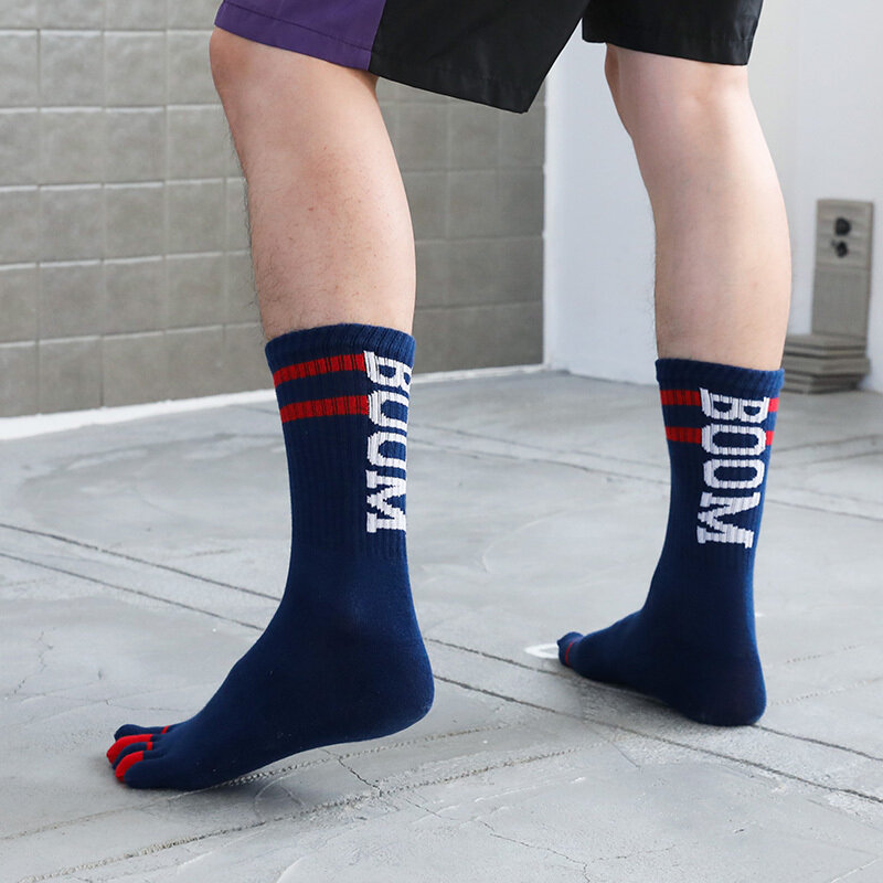 1 Pairs Cotton Men's Five Fingers Socks 100% Cotton Striped Letter Split Toe Socks Men's and Women's Outdoor Sport Short Socks