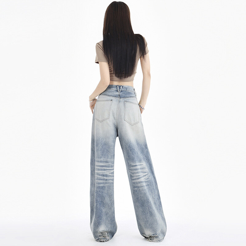 Jeans Vintage donna sbiancata pantaloni a gamba larga a figura intera Distressed vestibilità ampia Streetwear Denim lavato a vita alta 2024 impiombato