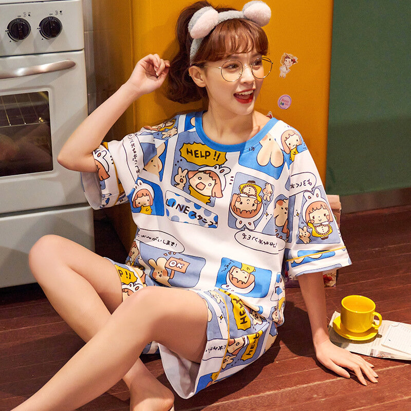 SUO & CHAO-Pijama de algodón para mujer, pantalones cortos de manga corta, ropa de casa cómoda y dulce con cuello redondo, nuevo estilo