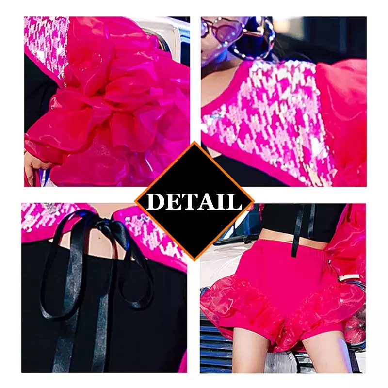 Pakaian pemandu sorak lengan Puff merah muda 2024 untuk anak perempuan kostum panggung konser pakaian dansa Jazz pakaian Kpop