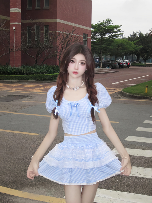Zomer Geruit Kawaii Tweedelige Rok Set Vrouwen Kanten Lolita Mini Rok Pak Dames Koreaanse Mode Elegante Leuke Feestset 2023 Nieuw