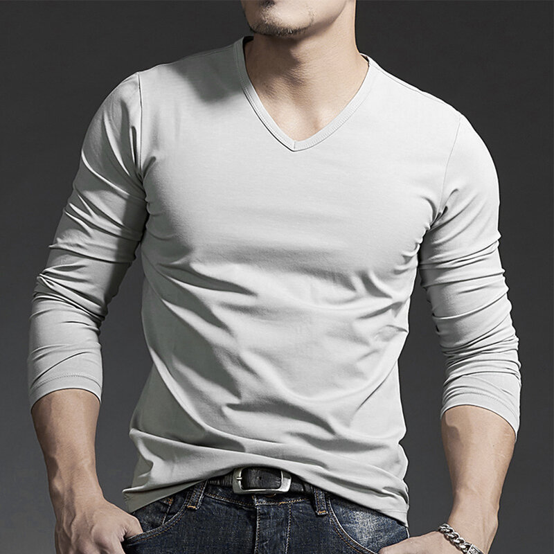 Camiseta interior de manga larga para hombre, Jersey ajustado informal con cuello en V, cómodo, a la moda, para primavera e invierno