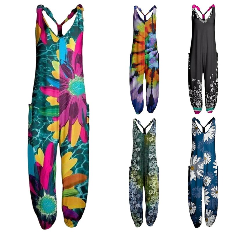 Plus Size szelki damskie letnie luźne proste spodnie na szelkach z szerokimi nogawkami modne kombinezony z nadrukiem Retro kwiat