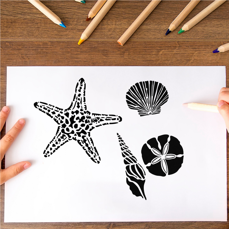 Hollow Out Starfish Seahorse Shell Pintura Modelo, Modelos criança praia, The Pet Stencils, 8 pcs