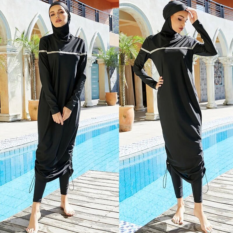 Maillot de bain islamique 3 pièces, tunique, solide, Long, Burkini, couverture complète, pour femmes musulmanes, vêtements de natation et de surf